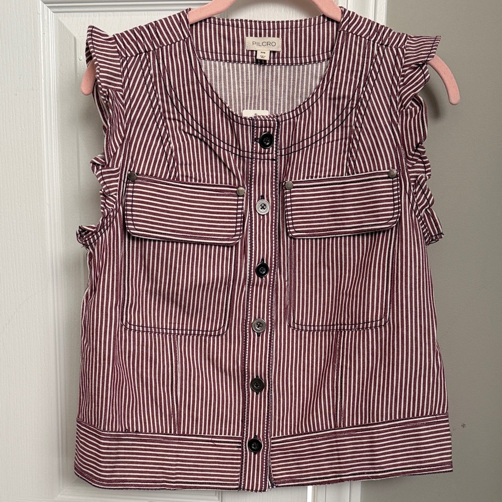 Anthropologie Pilcro Burgundy/White Striped Button-Up Vest With Ruffle XXS